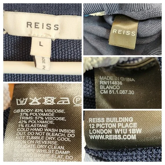 REISS Mens Blanco 1/2 Zip Knit Polo Shirt Blue Geo Print Zig Zag Top Size Large - Picture 4 of 7